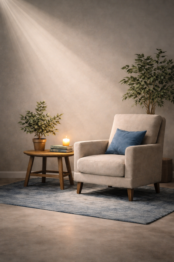 Calm therapy space for in-home ketamine-assisted psychotherapy in Atlanta